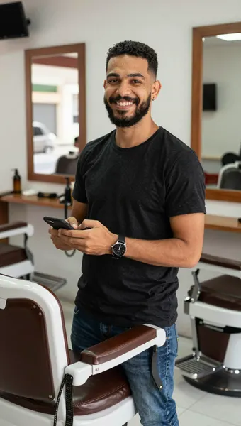 Barbeiro sorrindo no salão