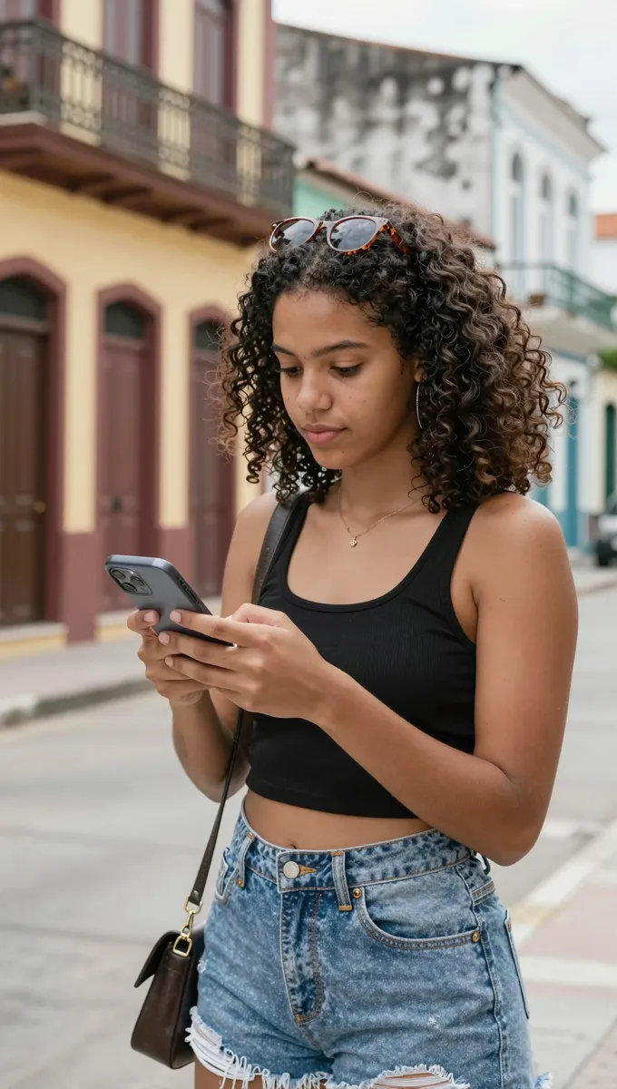 Moça na rua procurando um negócio perto dela no celular