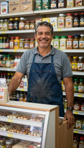 Dono de mercadinho sorrindo entre as prateleiras