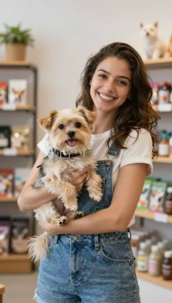 Dona de pet shop com um cachorrinho no colo